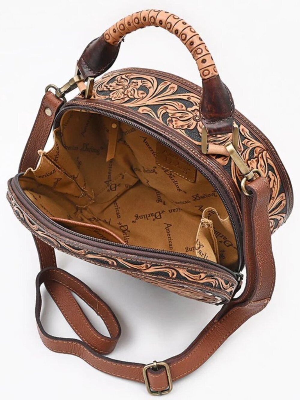 American Darling Western Bloom Tooled Crossbody Leather Canteen Bag - Picture 3 of 7